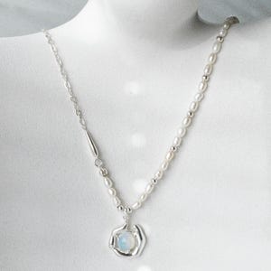 OPHELIA Opal Pearl Pendant Choker, Half Pearl Strand Half Chain Sterling Silver Necklace, Asymmetric Molten Gemstone Jewelry Gift