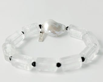 KAIA Large Baroque Pearl Bracelet, Clear White Quartz Crystal Stretch Wristband, Spiritual Energy Healing Gemstone Jewelry Gift