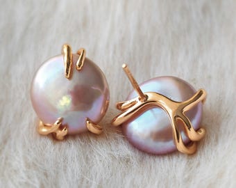 VIOLA Mauve Pink Coin Pearl Stud Earrings, 18K Gold Vermeil Claw Prong Thick Purple Button Pearl Studs, Delicate Evening Bridal Jewelry Gift
