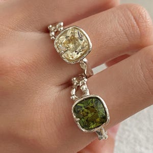 KIRA Chunky Gemstone Open Ring, Handmade Organic Statement Sterling Silver Band with Prong Zircon, One-of-a-Kind Artisan Jewelry Gift