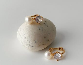 ENJA Pearl Hoop Earrings | Gold Vermeil Freshwater Pearl Creole with Zirconia | Bridal Wedding Jewelry Gift