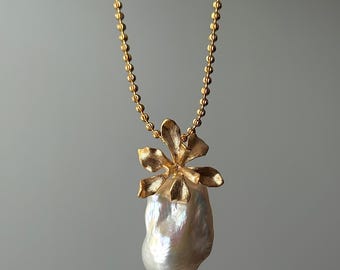 One-of-a-kind Large Flameball Pearl Pendant, 18K Gold Vermeil Flower Pearl Slide-On Charm, Bridal Wedding Jewelry Gift