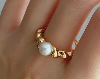 SONJA Twist Pearl Open Ring, Gold Vermeil & Sterling Silver Twisted Single Pearl Ring, Modern Bridal Wedding Jewelry Gift