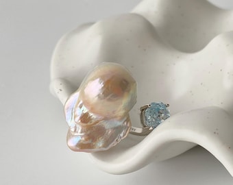 One-of-a-Kind Flameball Pearl Blue Zircon Ring, Iridescent Large Baroque Pearl Rose-Cut Sterling Silver Ring, Chunky Statement Jewelry Gift