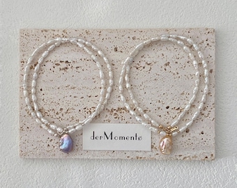Handmade 14KGF Dainty Keshi Pearl Necklace with Baroque Petal Pendant
