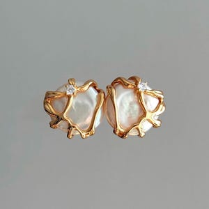 ANITA Baroque Pearl CZ Stud Earrings | Large Flat Coin Pearl with Gold Vermeil Claw-Set | Bold Bridal Pearl Jewelry Gift