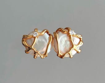 ANITA Baroque Pearl CZ Stud Earrings, Gold Vermeil Claw-Set Large Flat Coin Pearl Studs, Bold Bridal Pearl Jewelry Gift