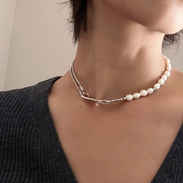 LILITH Asymmetrical Pearl Choker Necklace | Half Baroque Pearl & Half Irregular Sterling Silver Chain | Coquette Pearl Jewelry Gift for Her