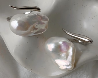 Modern Baroque Pearl Open Ring | Flameball Pearl with Chunky Sterling Silver Band | One-of-a-kind Bridal Wedding Cocktail Jewelry Gift