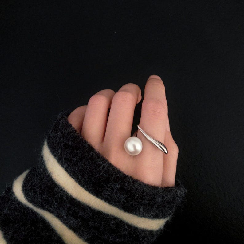 Modern Baroque Pearl Open Ring, Chunky Statement Large Pearl Ring with Silver Knife Edge Band, Bold Pearl Jewelry Gift image 11