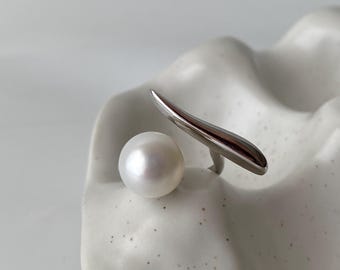 Modern Baroque Pearl Open Ring | Adjustable Chunky Silver Ring with Large Pearl | Statement Bold Pearl Jewelry Gift