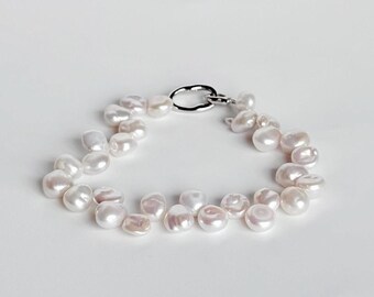 LIA Irregular Keshi Pearl Bracelet, Baroque Petal Pearl Bracelet with Silver Clasp, Chunky Statement Bridal Jewelry Gift