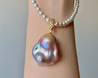 28mm Large Metallic Baroque Pearl Pendant | Iridescent Flameball Pearl with Gold Vermeil Snap-On Lock Charm | Bridal Wedding Jewelry Gift