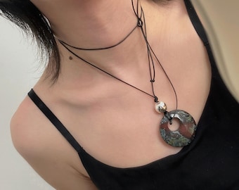 Chunky Stone Donut Pendant Black Cord Choker Necklace | Long Rope with Quartz and Gemstone | Minimalist Black Rope Stone Jewelry