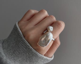 Double Baroque Pearl Chunky Open Ring, One-of-a-kind Sterling Silver Ring with Flameball & Keshi Pearl, Statement Bridal Wedding Jewelry