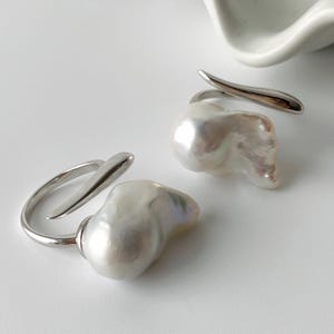 Modern Baroque Pearl Open Ring | Adjustable Flameball Pearl Silver Ring