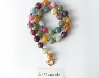 AMIRA Chunky Gemstone Necklace, Handmade Multicolour Natural Stone Choker with Waterproof Gold-Plated Clasp, Summer Rainbow Jewelry Gift