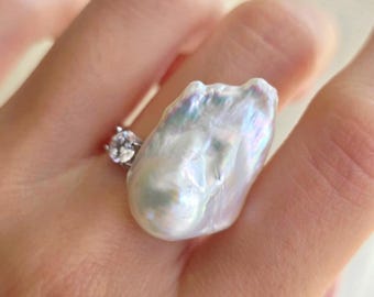 One-of-a-kind Flameball Pearl CZ Open Ring, Iridescent Large Baroque Pearl with Zircon, Delicate Silver Statement Ring, Bridal Wedding Gift