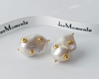 LUCIA Flameball Pearl Earrings | Large Baroque Pearl Studs with Golden Dots Accents