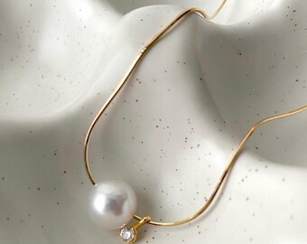 ELENA Single Pearl Pendant CZ Necklace, Gold Silver Snake Chain Pearl Choker, Modern Daily Office Jewelry, Delicate Bridal Wedding Gift