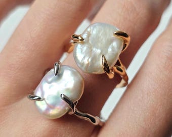 LOUISA Sculptural Pearl Open Ring, Claw Prong Irregular Baroque Pearl Ring, Sterling Silver 18K Gold Vermeil Bridal Cocktail Jewelry Gift