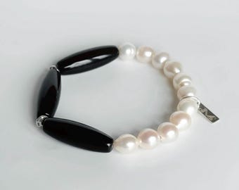 NOVA Black Onyx Baroque Pearl Bracelet | Minimalist Sterling Silver Stretch Band | Monochrome Gemstone Wristband | Half and Half Gift