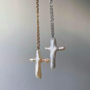 Baroque Cross Pearl Pendant Necklace | Freshwater Pearl Cross with Waterproof Stainless Steel Chain