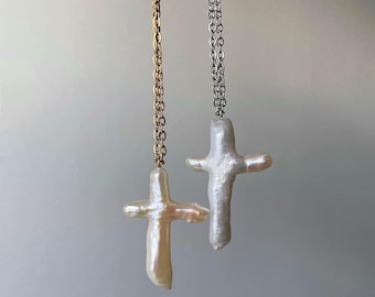 Baroque Cross Pearl Pendant Necklace | Freshwater Pearl Cross with Waterproof Stainless Steel Chain