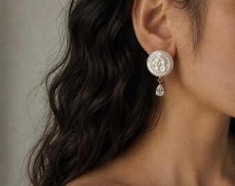 LOU Coin Pearl CZ Drop Stud Earrings, Flat Baroque Button Pearl Gold Vermeil Studs, Statement Bridal Wedding Bridesmaid Jewelry Gift