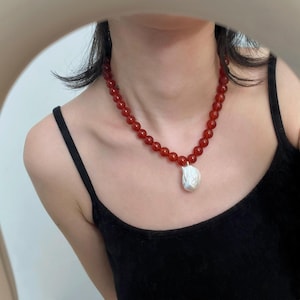CATERINA Natural Red Agate Pearl Necklace | Large Red Carnelian Beads with Flameball Baroque Pearl Pendant | Chunky Stone Pearl Jewelry