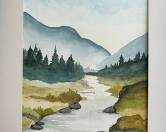 Original watercolour painting of mountain stream