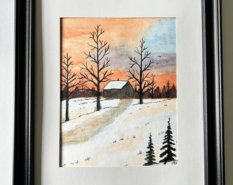 Original watercolour painting of winter barn sunset