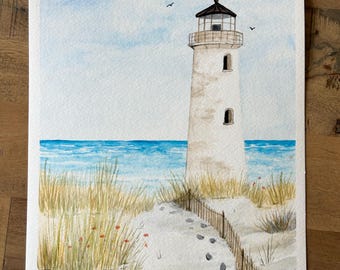 灯台オリジナル絵画水彩画、灯台の絵画、水彩画灯台、Pinetreeart