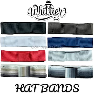 May include: An assortment of hat bands in various colors, including black, gray, white, blue, and red. The bands are ribbed and feature a bow-like design in the center. The word "Whittier" is written in a script font above the bands, and the words "HAT BANDS" are written below.