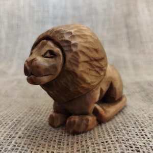 Wooden Lion Figurine. Hand-Carved Symbol of Strength. Cozy Home Decor Gift. Forest-Inspired Animal Totem.