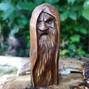 Odin allfather statue, handmade wooden nordic deity, ancient pagan god figurine.