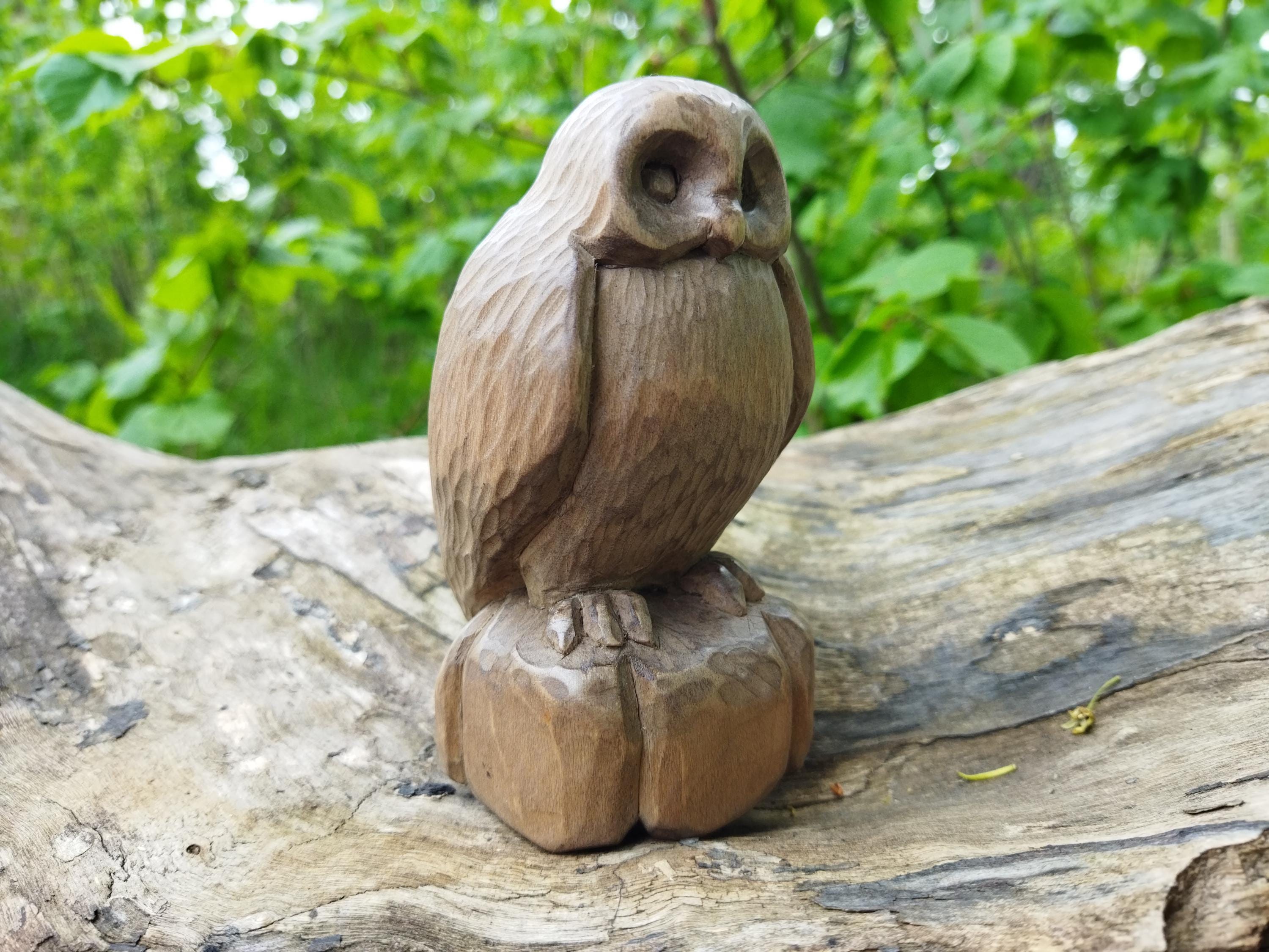 Owl statue. Handmade wooden owl figurine. Wood carving.