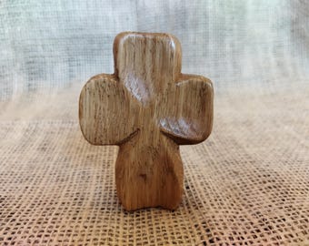 Hand-carved Oak Wood Holding Cross Pocket Prayer Figurine Ukrainian Folk Art Unique