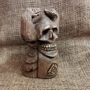 Bespoke Viking Odin figure. Hand-carved wood art with snake horns, perfect Norse decor