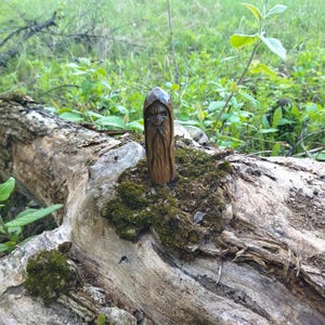 A 3.6-inch tall hand-carved linden wood figurine of a forest spirit. The figure has a long, flowing beard with deep textures and a face partially hidden under a hood. The dark brown stain highlights the artisan's hand-cut marks. This unique piece of Ukrainian folk art has a matte beeswax finish and a rustic, mystical appearance, shown against a neutral background.