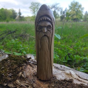 Hand-Carved Linden Wood Sea Wanderer Figurine with Shark Skin