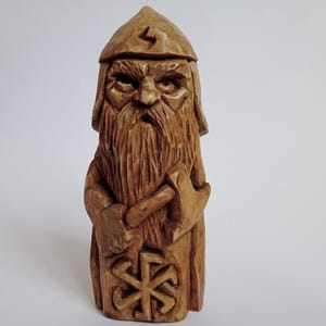 Perun statue. Slavic God of Thunder. Wooden figurine. Hand-carved. Pagan decor.