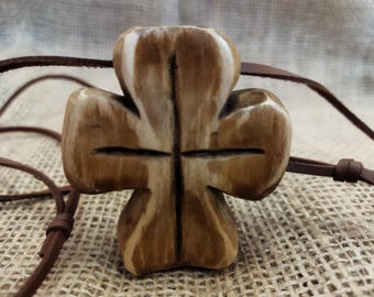 Hand Carved Wooden Cross Necklace. Minimalist Wood Crucifix Pendant on Leather Cord. Christian Gift.