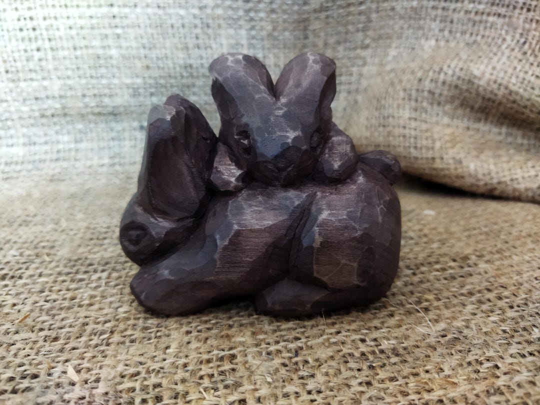 Wood Rabbit Symbol Hand Carved Wooden Rabbits Figurine – Two Rabbits Sculpture From One ...