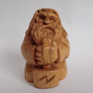 Powerful Thor wood carving. Unique Norse mythology statue for home altar