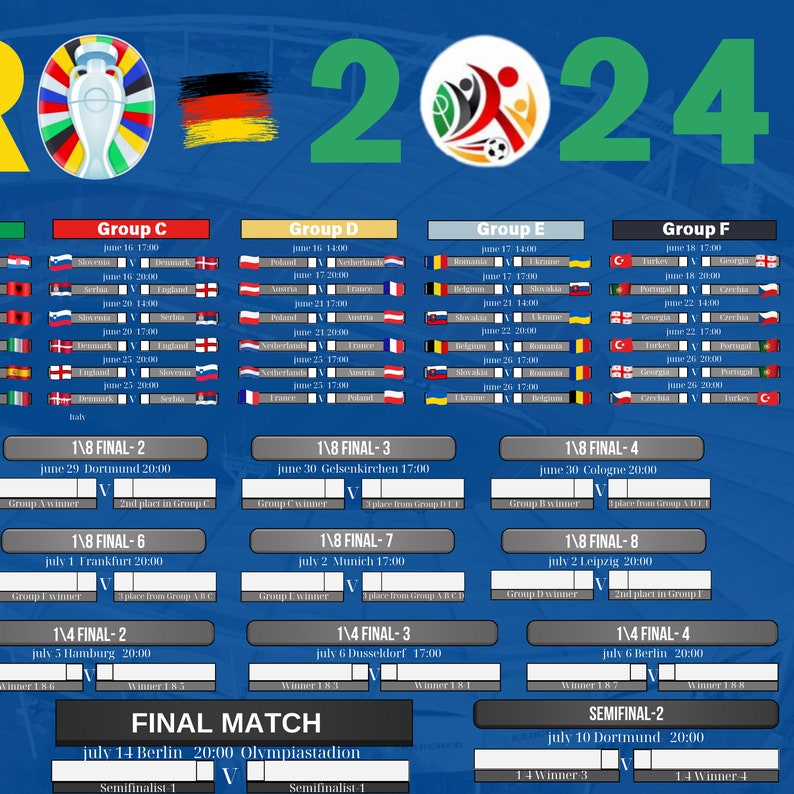 EURO 2024 Match Schedule Fillable Poster With Date and Time of Euro