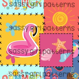 May include: A digital paper pattern featuring a pink flamingo pool float, a starfish, seashells, and a sun. The text "sassy girl patterns" is repeated throughout the design.