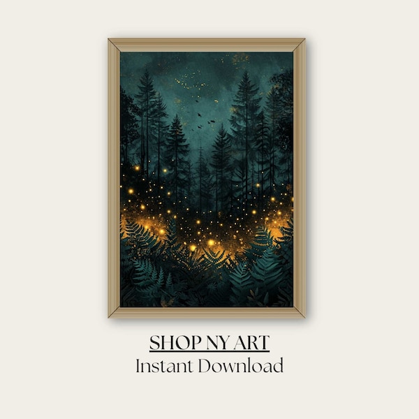 Enhanced Forest Wall Art - Night Landscape Art - Printable Night Wall Art - Spiritual Forest Art Print - Fantasy Painting - Instant Download