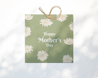 Mother's Day Tag Printable Green Downloadable Happy Mothers Day Daisy Flower Square 3 Inch, 3.5 inches Gift Instant Digital Download