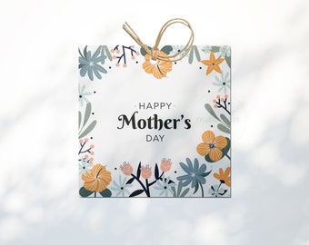 Moederdag Tag afdrukbare downloadbare Happy Mothers Day, gele bloemen vierkant, 3 inch, 3,5 inch cadeau Instant Digitale Download